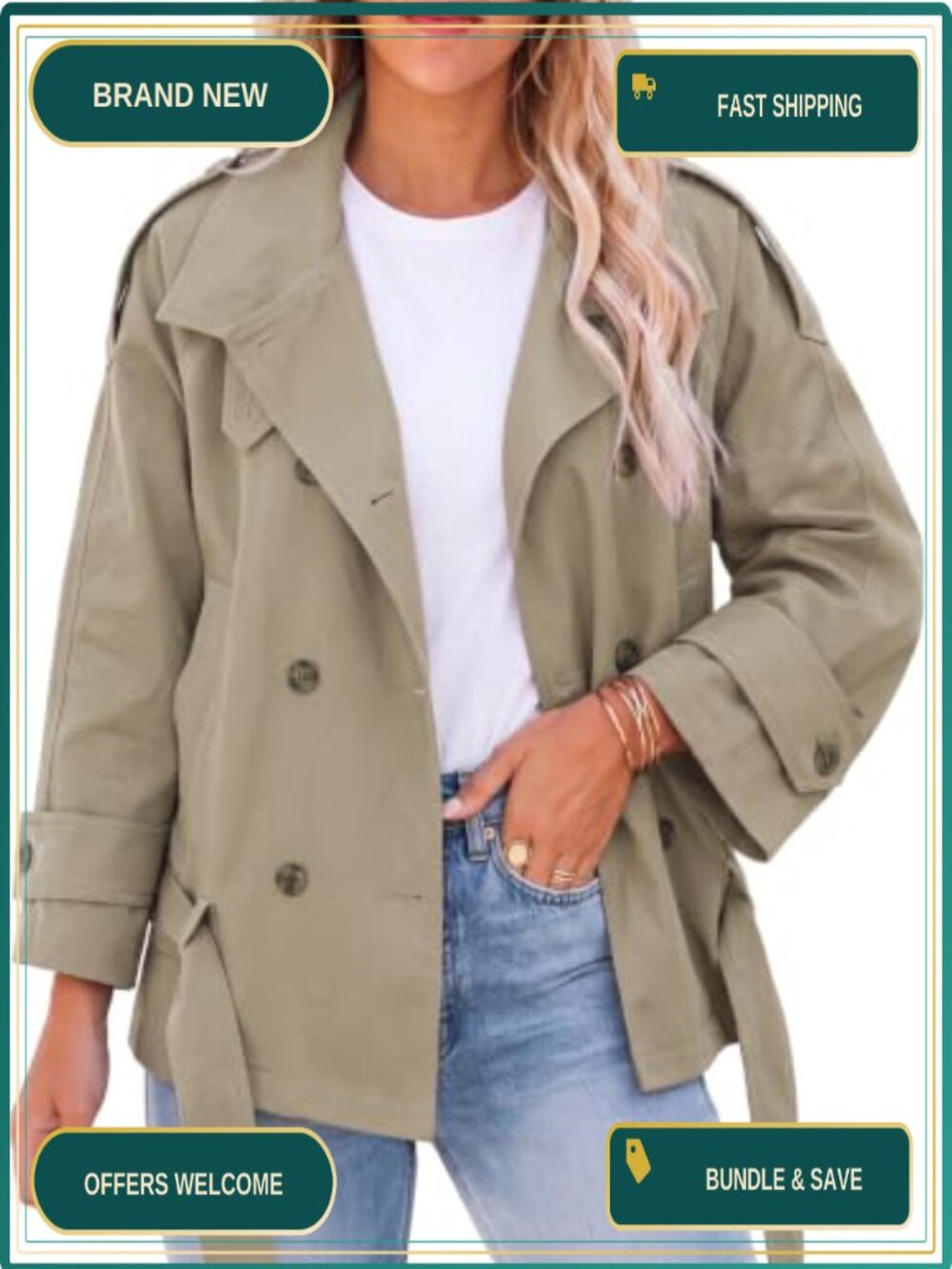 Womens Cropped Trench Coat Double Breasted Belted Raglan Sleeve Overcoat